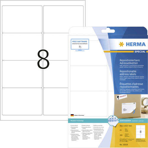 Herma 10018 Adress-Etiketten 99.1 x 67.7mm Papier Weiß 200 St. Wiederablösbar Tintenstrahldrucker, Laserdrucker, Farblaserdrucker
