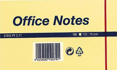 Gelbes Post-it-Block-Cover mit der Aufschrift 'Office Notes', Größe 125x75 mm, 100 Blatt, Barcode unten.