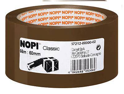 Braunes Verpackungsband der Marke 'NOPI', Breite 50 mm, Länge 66 m. Etikett zeigt Produktdetails und Herstelleradresse.