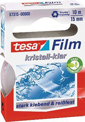 Verpackung einer Klebefilmrolle 'tesa Film kristall-klar', 10m Länge, 15mm Breite, 'stark klebend & reißfest', ohne Lösungsmittel.