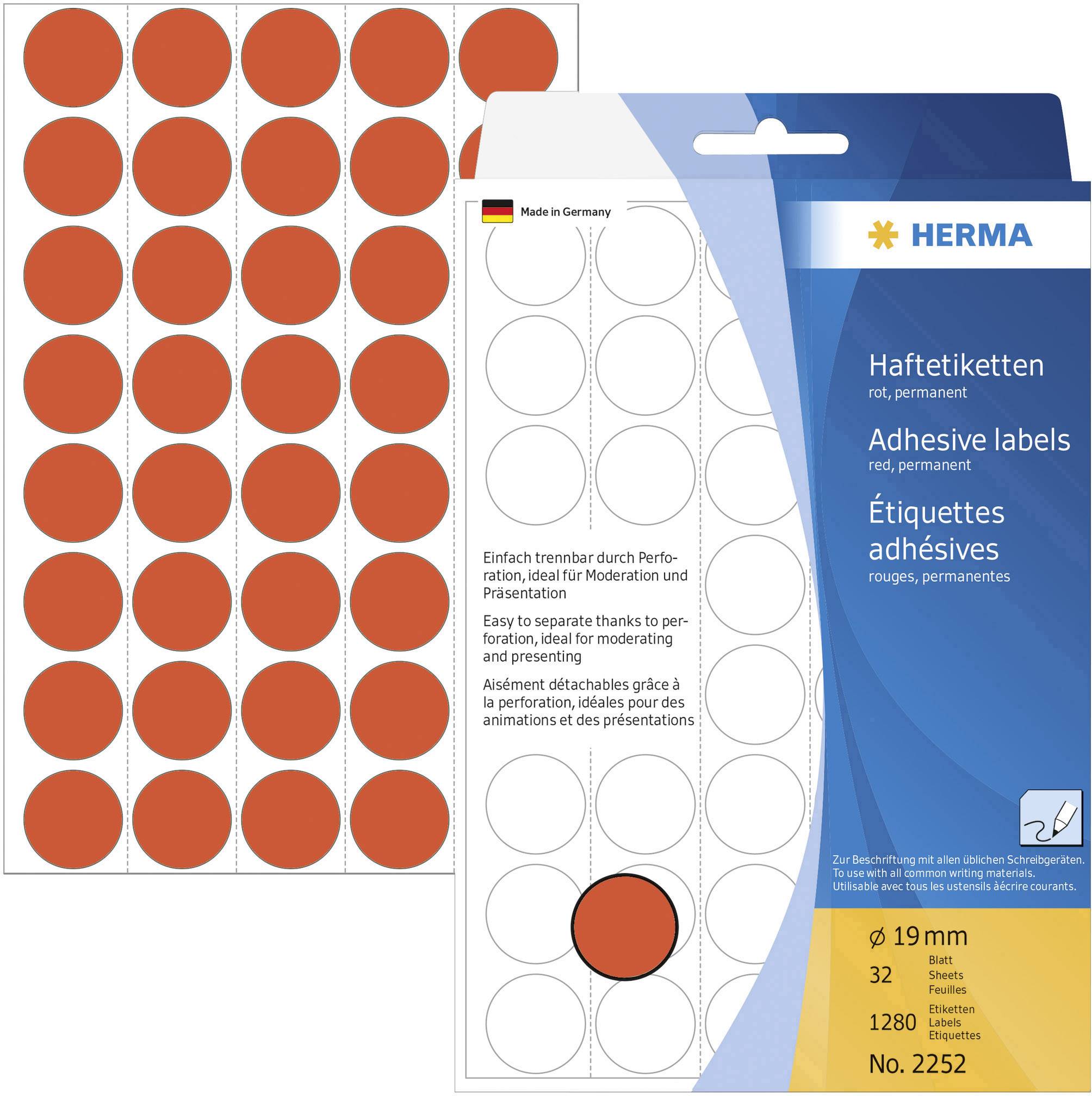 Orange Klebepunkte auf einem Blatt mit 32 Etiketten, Durchmesser 19 mm. Verpackung zeigt Markenname und Hinweise zur Verwendung.