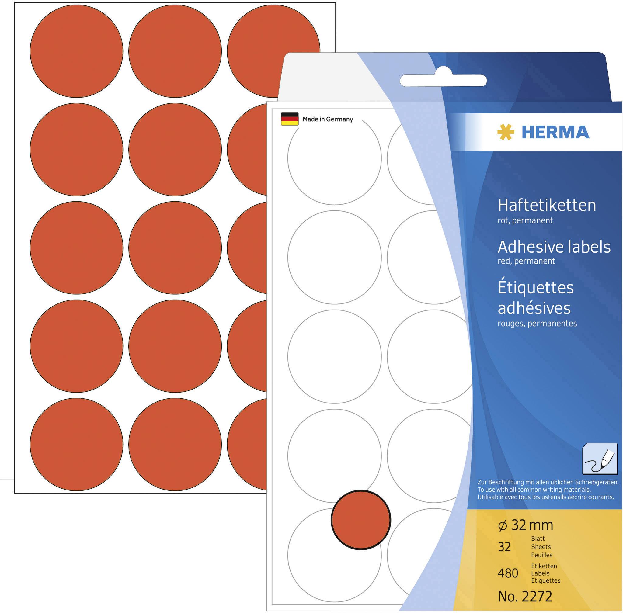 Verpackung von roten, runden Haftetiketten, 32 mm Durchmesser, 32 Etiketten pro Blatt, dauerhaft haftend. Marke: HERMA.