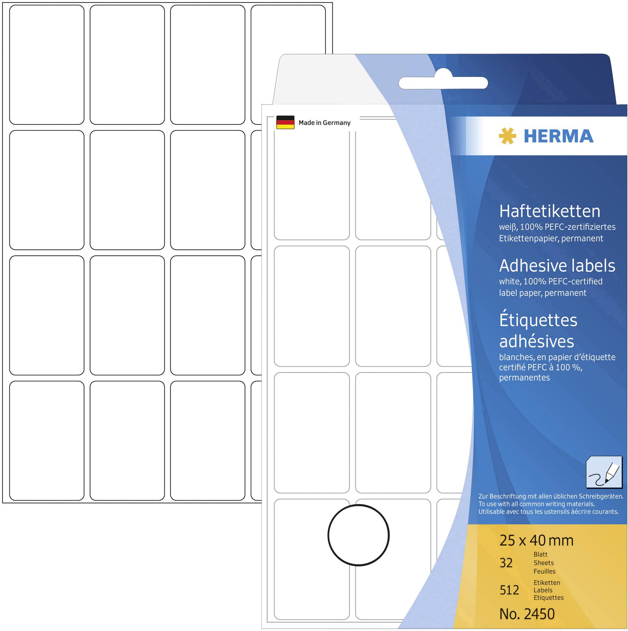 HERMA Papier - selbstklebend - weiß - 25 x 40 mm 512 Etikett(en) (32 Bogen x 16)