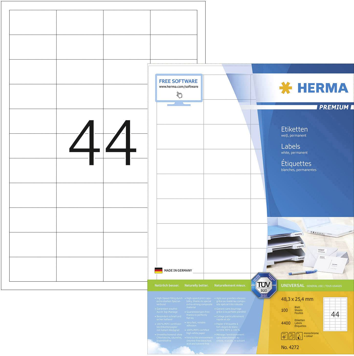 Herma 4272 Universal-Etiketten 48.3 x 25.4 mm Papier Weiß 4400 St. Permanent haftend Tintenstrahldrucker, Laserdrucker, Farblaserdrucker, Kopierer