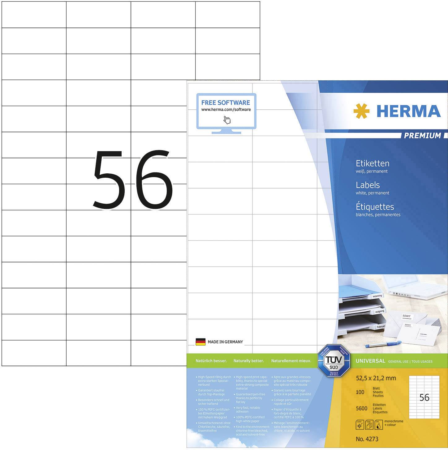 Herma 4273 Universal-Etiketten 52.5 x 21.2 mm Papier Weiß 5600 St. Permanent haftend Tintenstrahldrucker, Laserdrucker, Farblaserdrucker, Kopierer