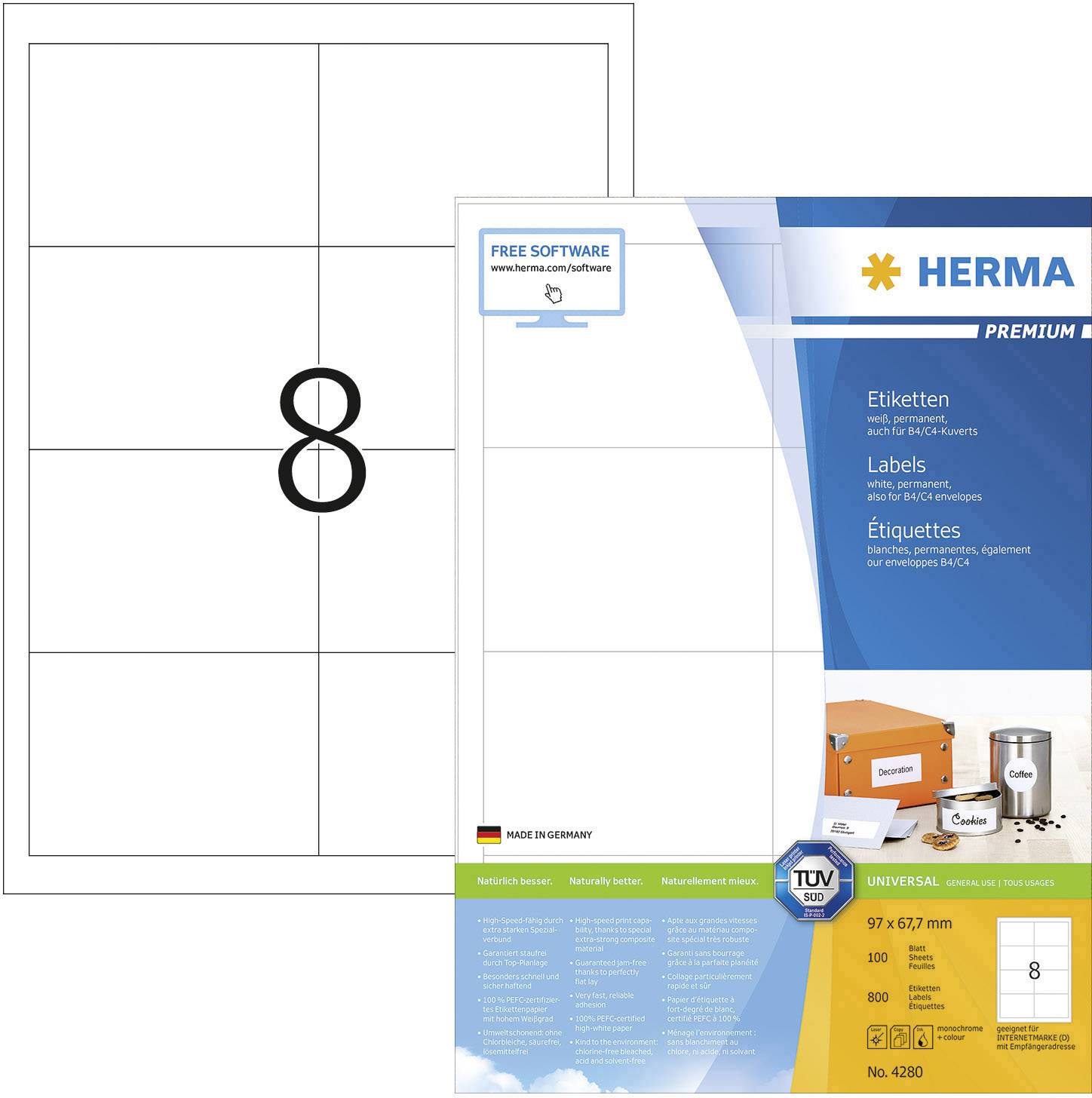 Herma 4280 Universal-Etiketten 97 x 67.7 mm Papier Weiß 800 St. Permanent haftend Tintenstrahldrucker, Laserdrucker, Farblaserdrucker, Kopierer