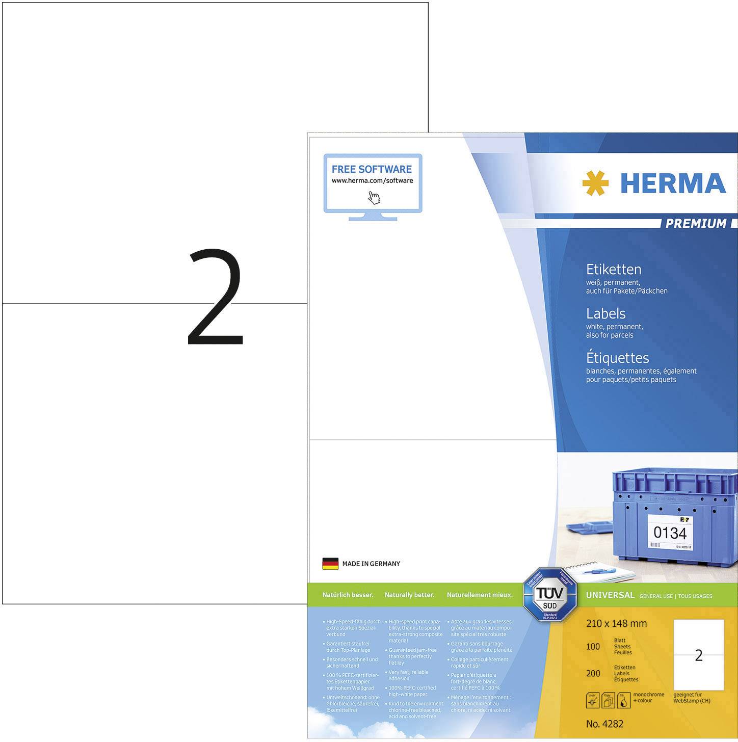 Packungsdesign von HERMA Premium Etiketten mit Etikettenbeispiel. Enthält Hinweis auf kostenlose Software und TÜV-Zertifizierung.
