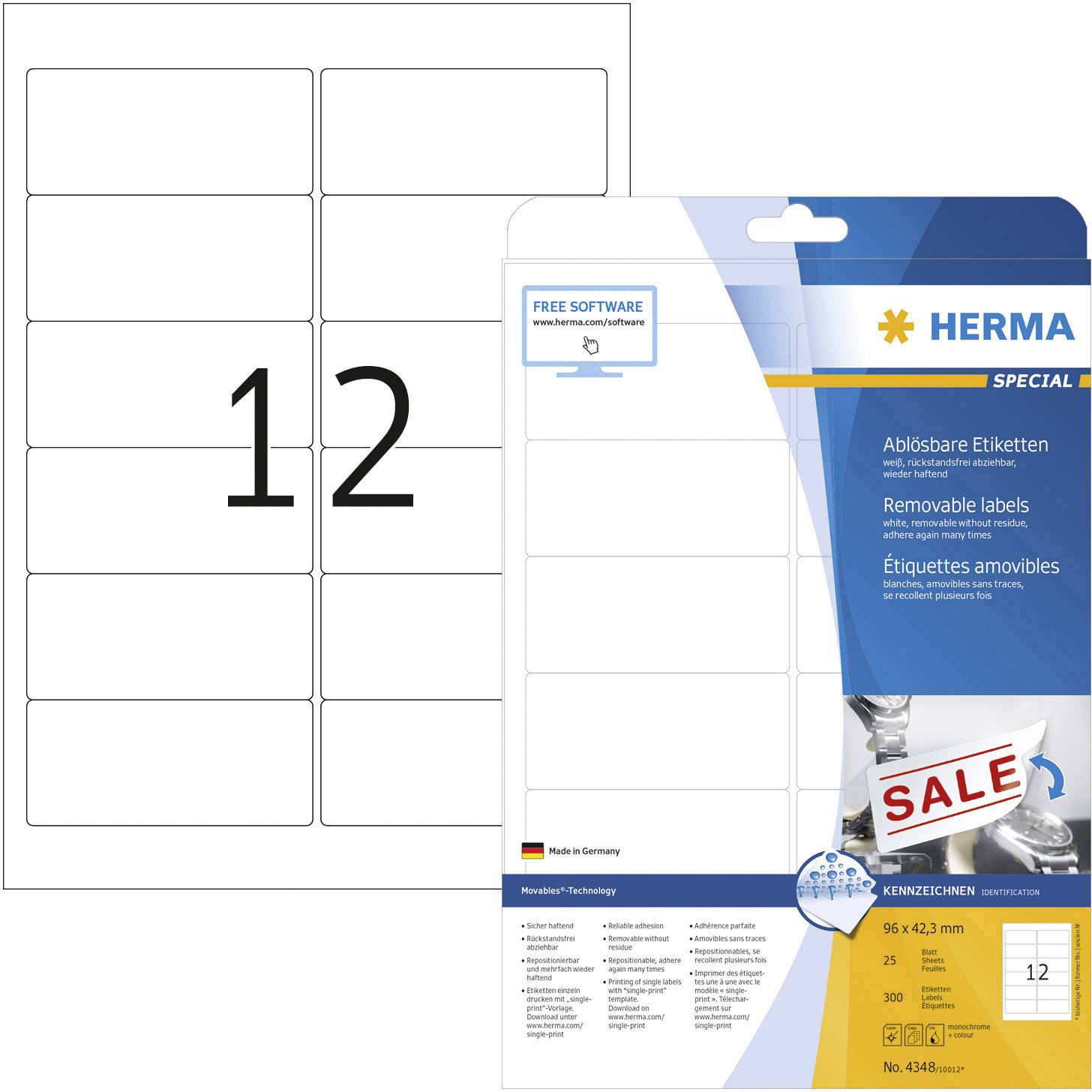Etikettenbogen mit zwölf ablösbaren Etiketten von HERMA, Größe 96 x 42,3 mm. Verpackung erwähnt 'Ablösbare Etiketten' und 'Free Software'.