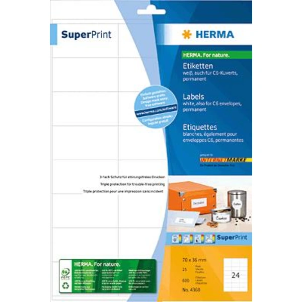 HERMA Premium - Papier - matt - permanent selbstklebend - weiß - 70 x 36 mm 600 Etikett(en) (25 Bogen x 24) laminierte Etiketten HERMA Premium - Papier - matt - permanent selbstklebend - weiß - 70 x 36 mm 600 Etikett(en) (25 Bogen x 24) laminierte Etiketten