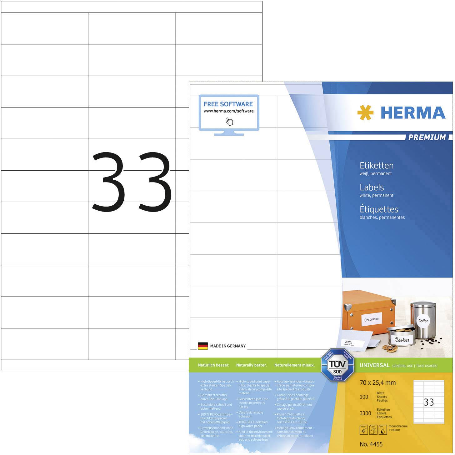 Herma 4455 Universal-Etiketten 70 x 25.4 mm Papier Weiß 3300 St. Permanent haftend Tintenstrahldrucker, Laserdrucker, Farblaserdrucker, Kopierer