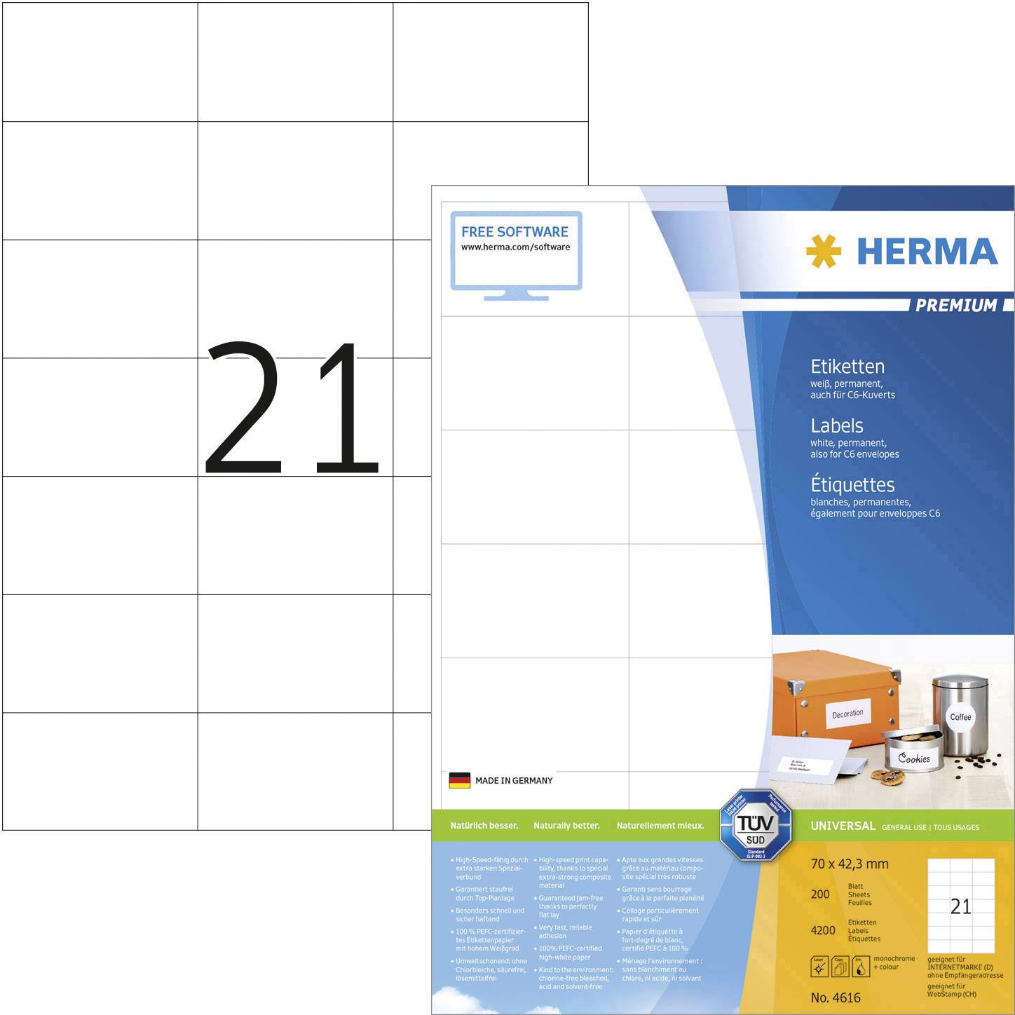 HERMA Universal-Etiketten PREMIUM, 70 x 42,3 mm, weiß