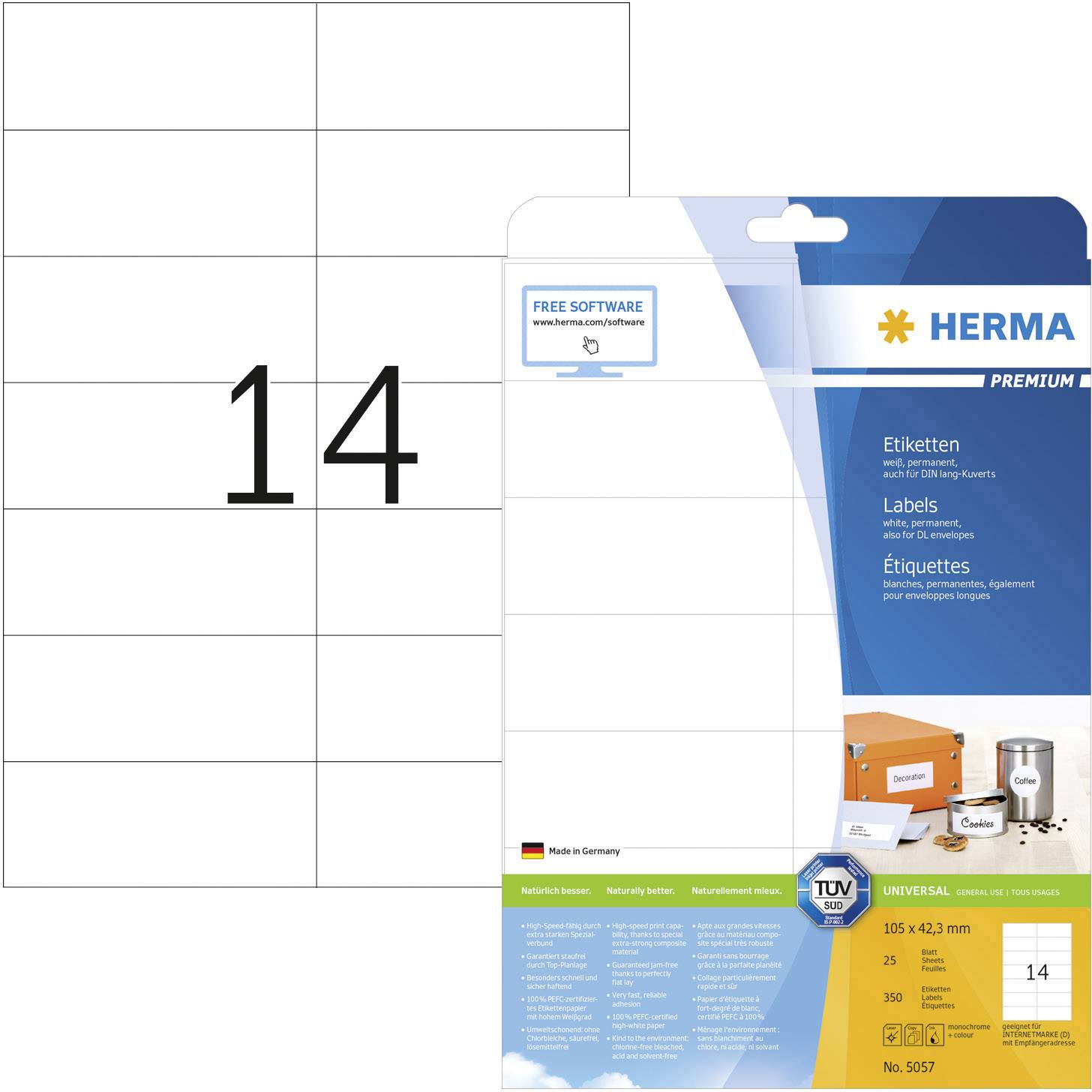 Herma 5057 Adress-Etiketten 105 x 42.3 mm Papier Weiß 350 St. Permanent haftend Tintenstrahldrucker, Laserdrucker, Farblaserdrucker, Kopierer