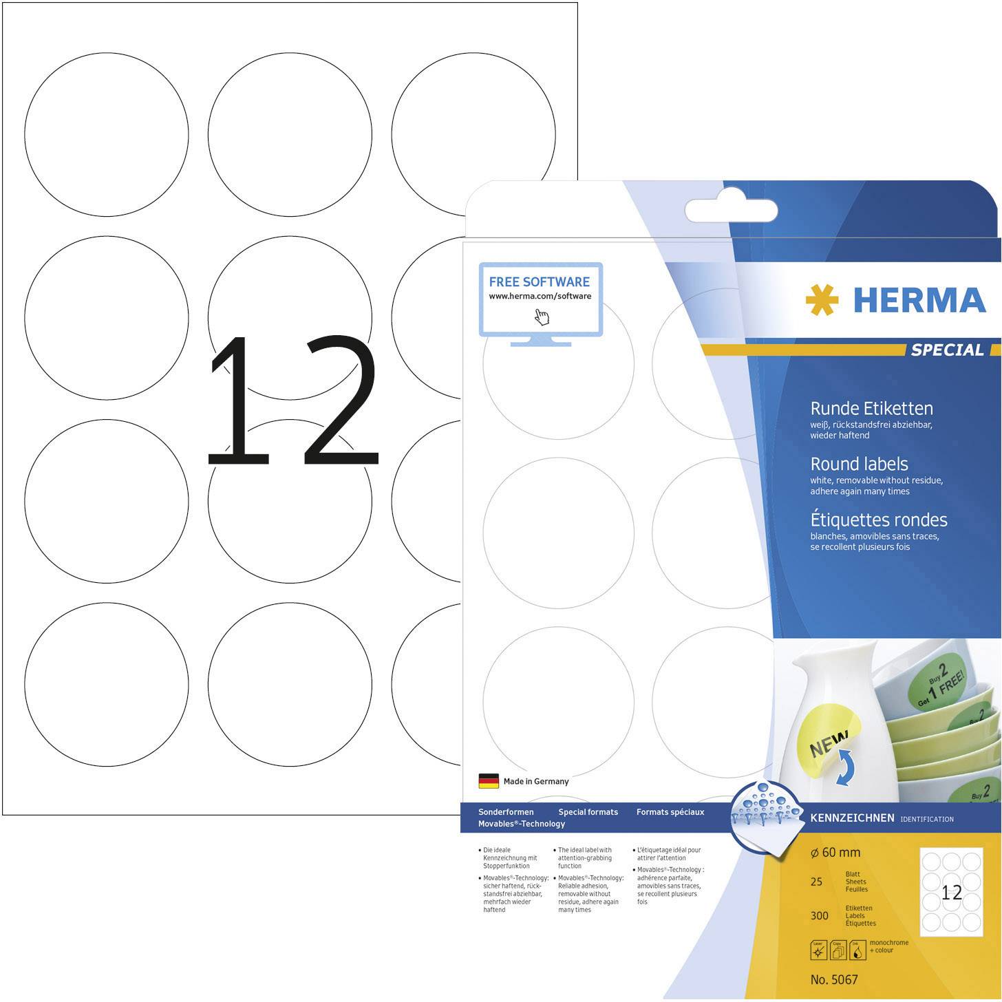 Herma 5067 Universal-Etiketten Ø 60 mm Papier Weiß 300 St. Wiederablösbar Tintenstrahldrucker, Laserdrucker, Farblaserdrucker, Kopierer, Farbkopier