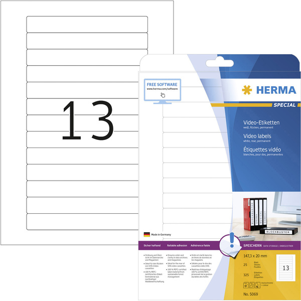HERMA Video-Etiketten A4 weiß 147,3x20 mm Papier 325 St.