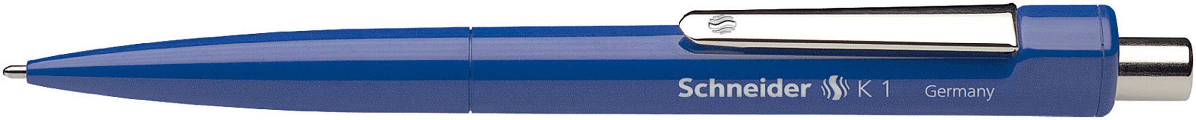 Blauer Kugelschreiber mit silbernem Clip; Aufschrift 'Schneider K1 Germany'.