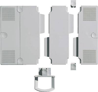 Ein weißes, rechteckiges Modul mit Kabelhalter und abnehmbaren Seitenteilen, geeignet für die Organisation von Büroelektronik.