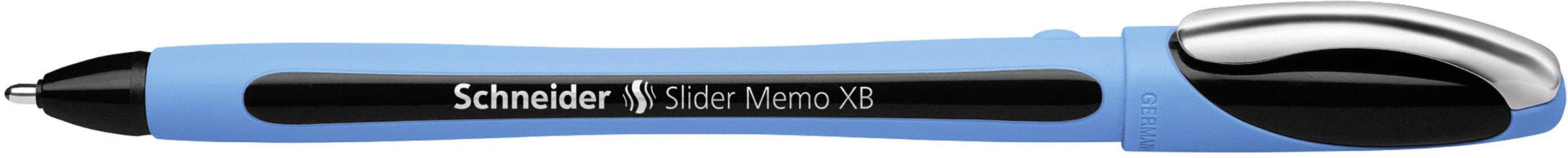 Ein blauer Kugelschreiber mit schwarzem Griff und Clip. Markentext 'Schneider Slider Memo XB' ist auf dem Schaft aufgedruckt.