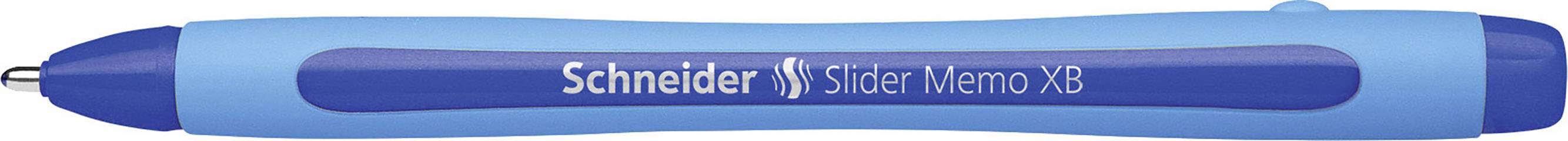 Ein blauer Kugelschreiber mit der Aufschrift 'Schneider Slider Memo XB'.