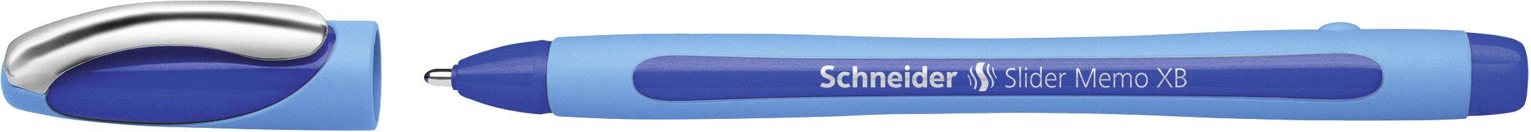 Blauer Kugelschreiber mit abnehmbarem Deckel und der Aufschrift 'Schneider Slider Memo XB'.