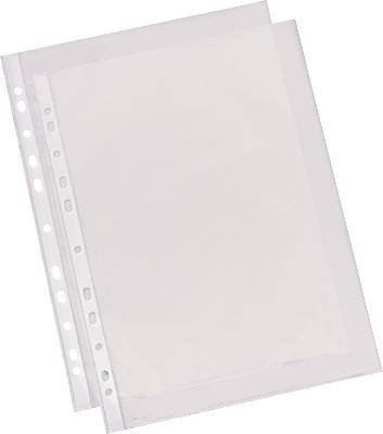 Zwei transparente Kunststoff-Dokumentenhüllen, gelocht am Rand, liegen übereinander. Geeignet zum Schutz und Sortierung von Papierdokumenten.