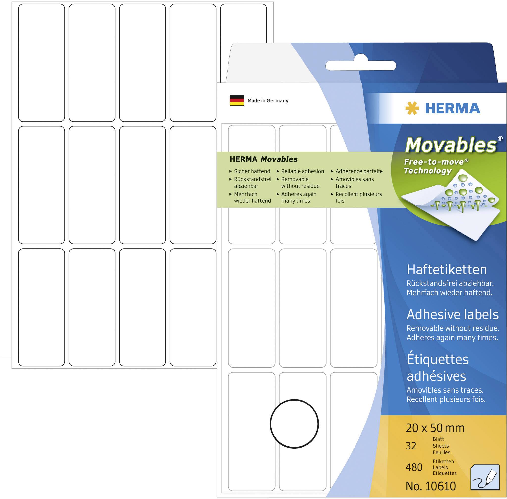 HERMA Movables - Matt - selbstklebend, entfernbarer Klebstoff - weiß - 20 x 50 mm 480 Etikett(en) (32 Bogen x 15)