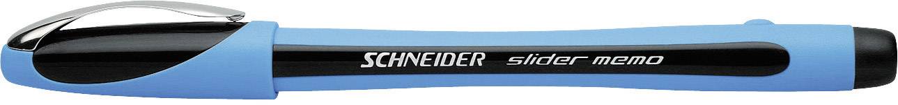 Ein blauer Kugelschreiber mit schwarz-silbernem Clip. Aufschrift: 'Schneider slider memo'.