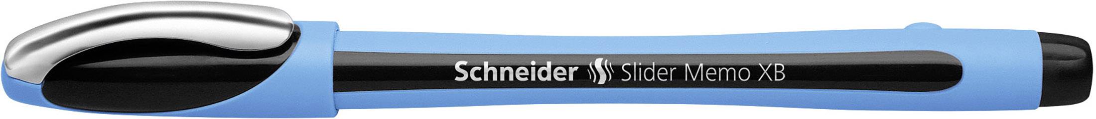 Ein blauer Kugelschreiber mit schwarzem Griff und silberner Spitze, Marke 'Schneider Slider Memo XB'.