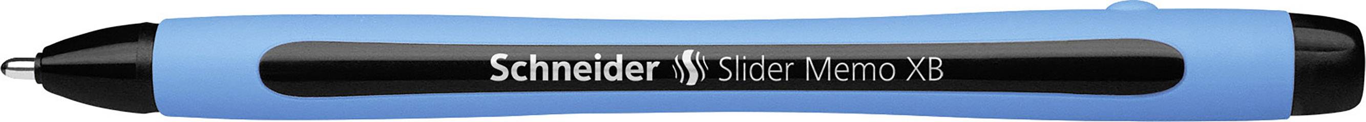 Blauer Kugelschreiber von Schneider, Modell 'Slider Memo XB', schwarz-weiße Schrift auf dem Schaft.
