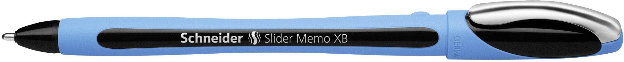 Ein blauer Kugelschreiber der Marke Schneider mit dem Modellnamen 'Slider Memo XB', zeigt ein ergonomisches Design mit schwarzer Kappe.