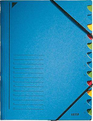 Blauer Dokumentenordner mit Registerreitern in verschiedenen Farben an der Seite und elastischen Gummibändern zur Fixierung.