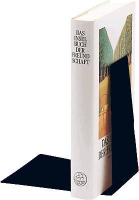 Ein Buch mit dem Titel 'Das Insel Buch der Freundschaft' steht zwischen zwei schwarzen Buchstützen. Es hat ein weißes Cover.