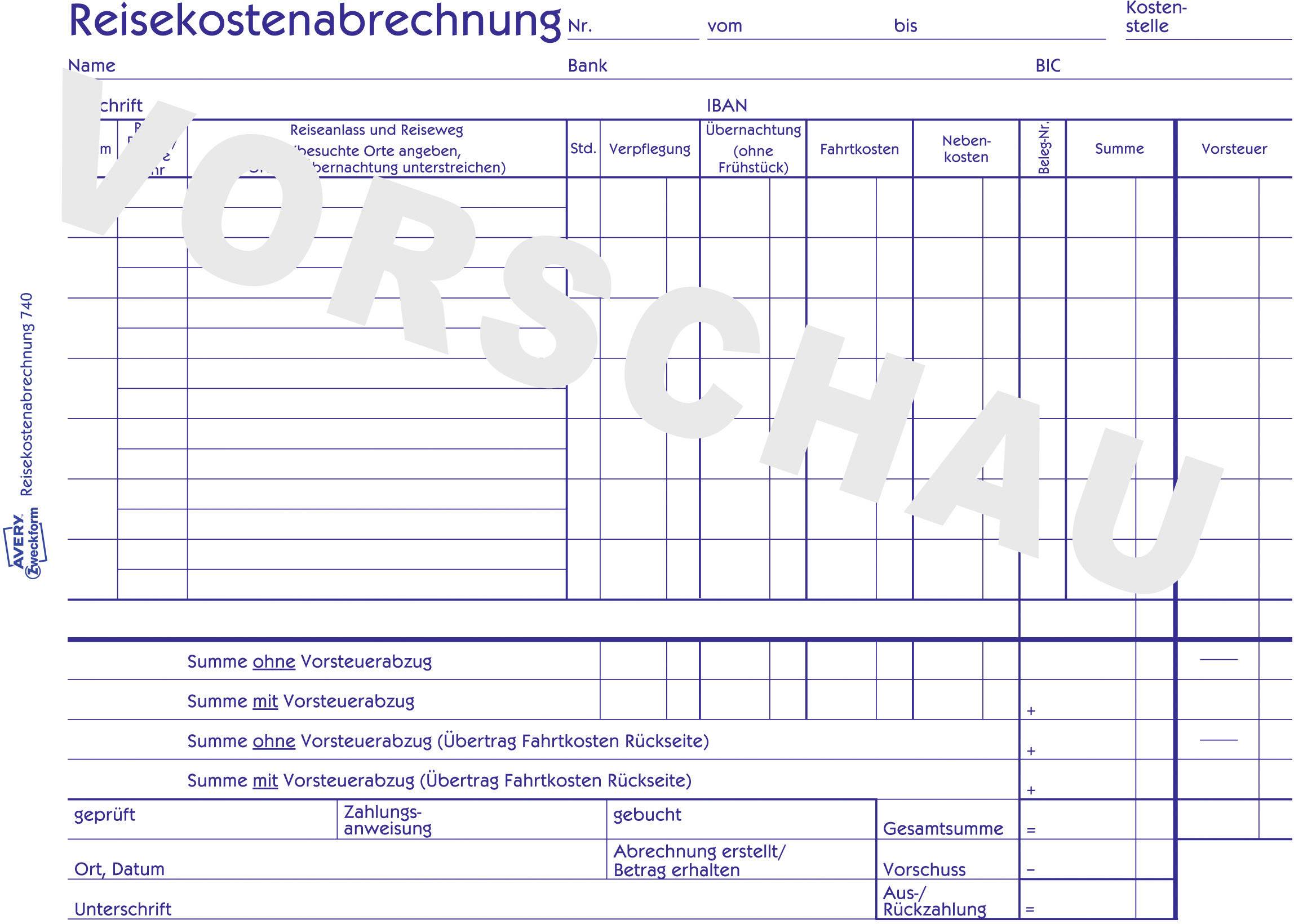 Avery Zweckform 740 Reisekostenabrechnung, für wöchentliche Abrechnung, DIN A5 quer, mit Blaupapier, 50 Blatt