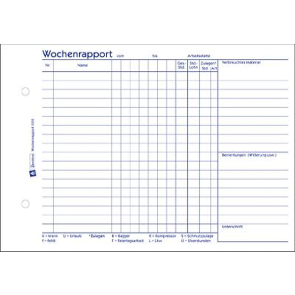 Zweckform Wochenrapport/1310 DIN A5 quer weiß Blaupapier Inh.100 Blatt