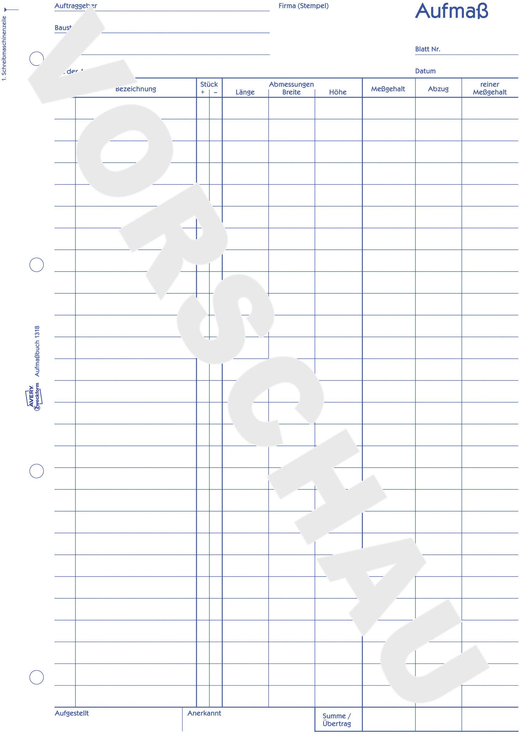 Avery Zweckform Aufmaßbuch 1318 DIN A4 100Blatt
