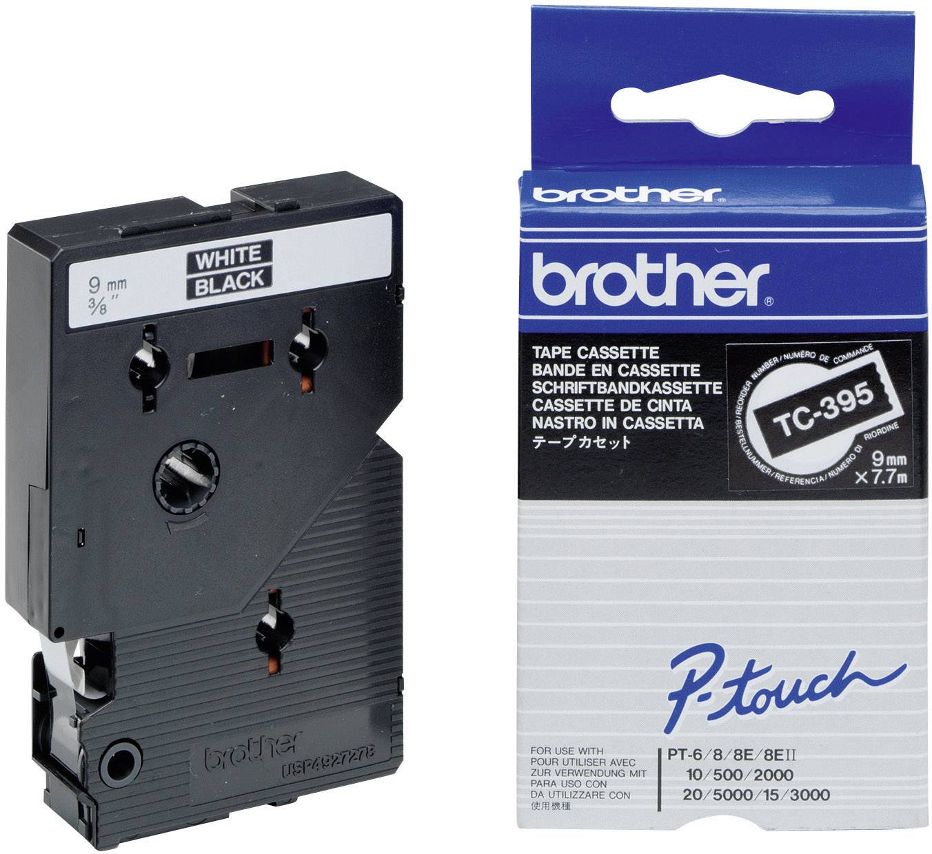 Brother Schriftband TC TC-395 Bandfarbe: Schwarz Schriftfarbe:Weiß 9mm 7.7m