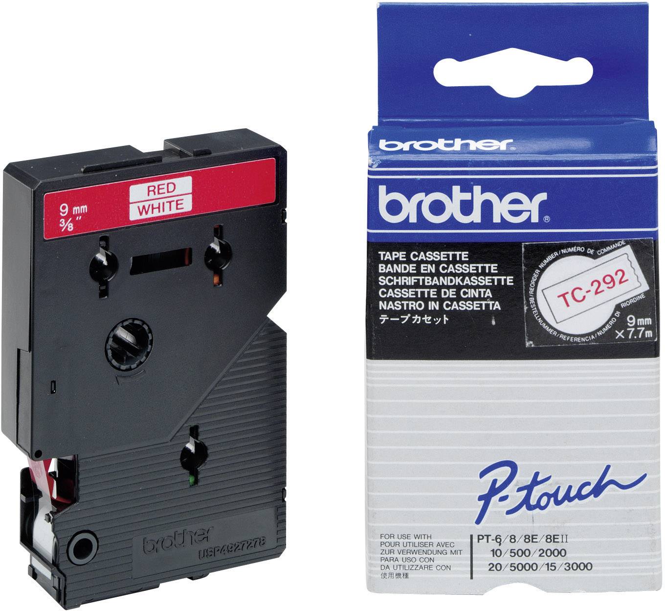 Schriftbandkassette von Brother, Modell TC-292, 9 mm x 7,7 m, rot auf weiß. Verpackung zeigt Produktdetails und Markenlogo.