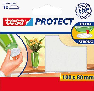 Verpackung von 'tesa Protect' Möbelgleiter, extra stark, rechteckig, 100 x 80 mm. Enthält Grafiken zur Anwendung und einen grünen Blumenstrauß.
