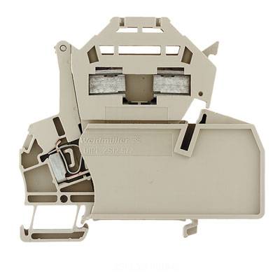 Ein grauer Weidmüller DIN-Schienenträger DIPL ZSI 2.5-2, seitlich dargestellt, zeigt die Struktur und Klemmenöffnungen.