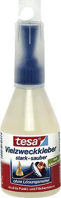 Kleberflasche von Tesa mit Aufschrift 'Vielzweckkleber stark + sauber, ohne Lösungsmittel, ideal für Punkt- und Flächenkleben'.
