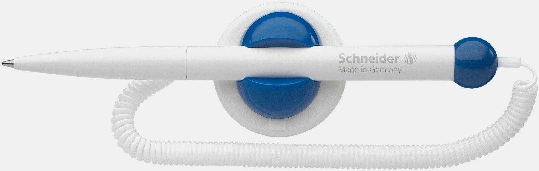 Weißer Kugelschreiber mit spiralförmiger Halterung und blauem Ständer, Aufschrift 'Schneider Made in Germany'.