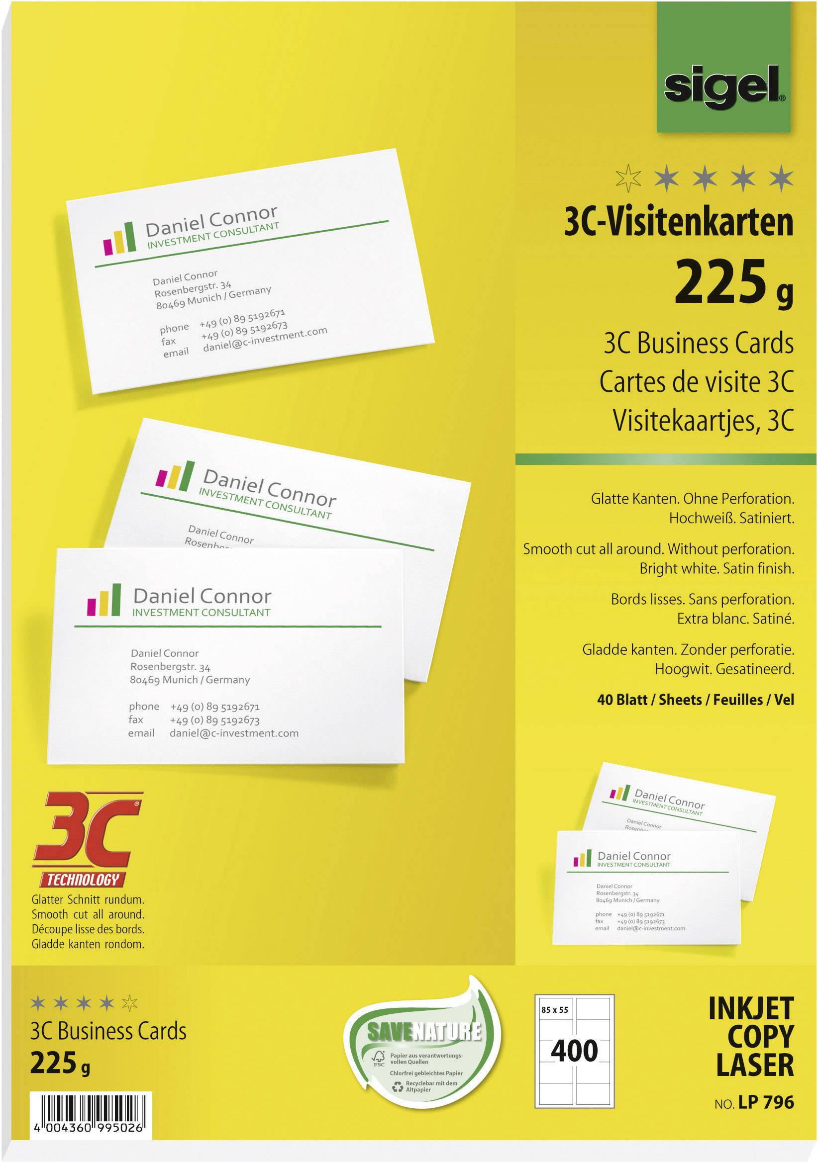 Sigel Visitenkarte 3C LP796 85x55mm 225g weiß 400 St./Pack.