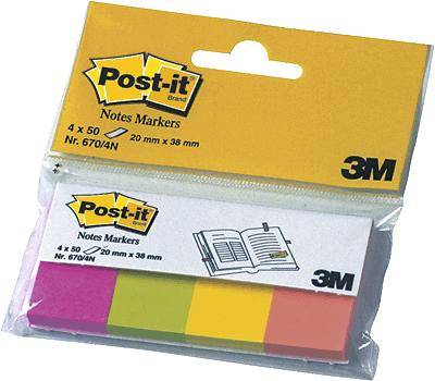 Post-it Haftnotiz 670-4N 20 mm x 38 mm Neonpink, Neongelb, Neongrün, Neonorange 200 Blatt