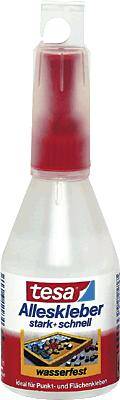 Eine Flasche stark klebenden Allesklebers von Tesa, beschriftet mit 'stark, schnell, wasserfest'. Ideal für Punkt- und Flächenkleben.
