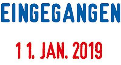 'Eingegangen 1. Jan. 2019' in blauer und roter Schrift.