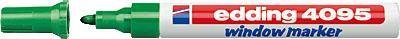 Grüner edding 4095 Fenstermarker mit abgenommenem Deckel, Markenname in Rot und Blau auf dem Stift.