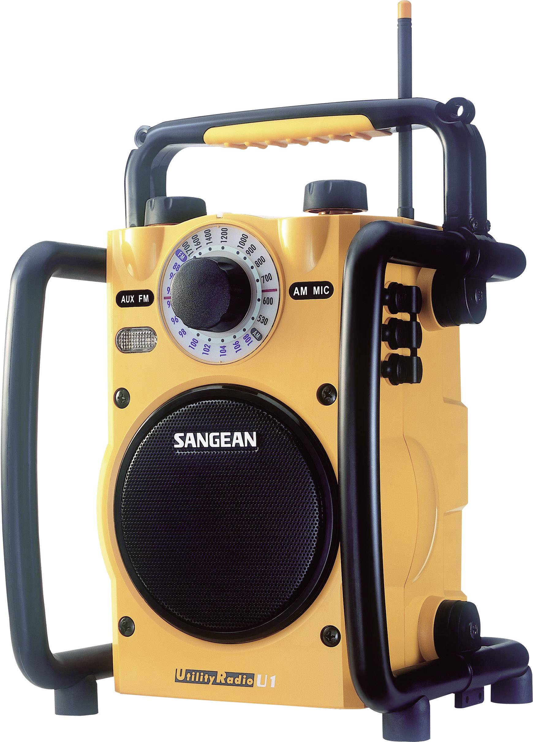 Sangean U1 Baustellenradio UKW, MW AUX spritzwassergeschützt, stoßfest, Taschenlampe Gelb, Schwarz