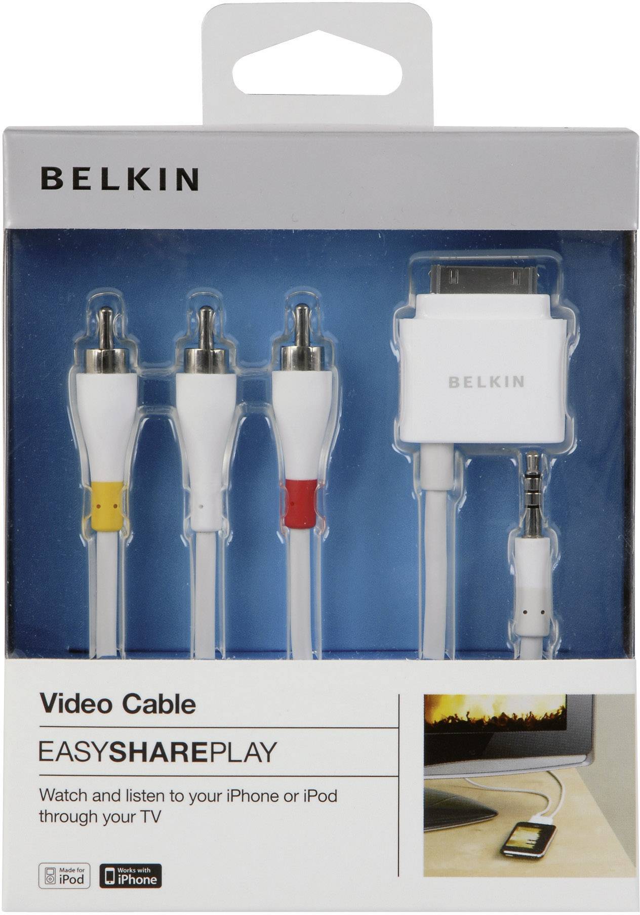Belkin Apple iPad/iPhone/iPod Anschlusskabel [3x Cinch-Stecker, Klinkenstecker 3.5 mm - 1x Apple Dock-Stecker 30pol.] 1.20 m Weiß