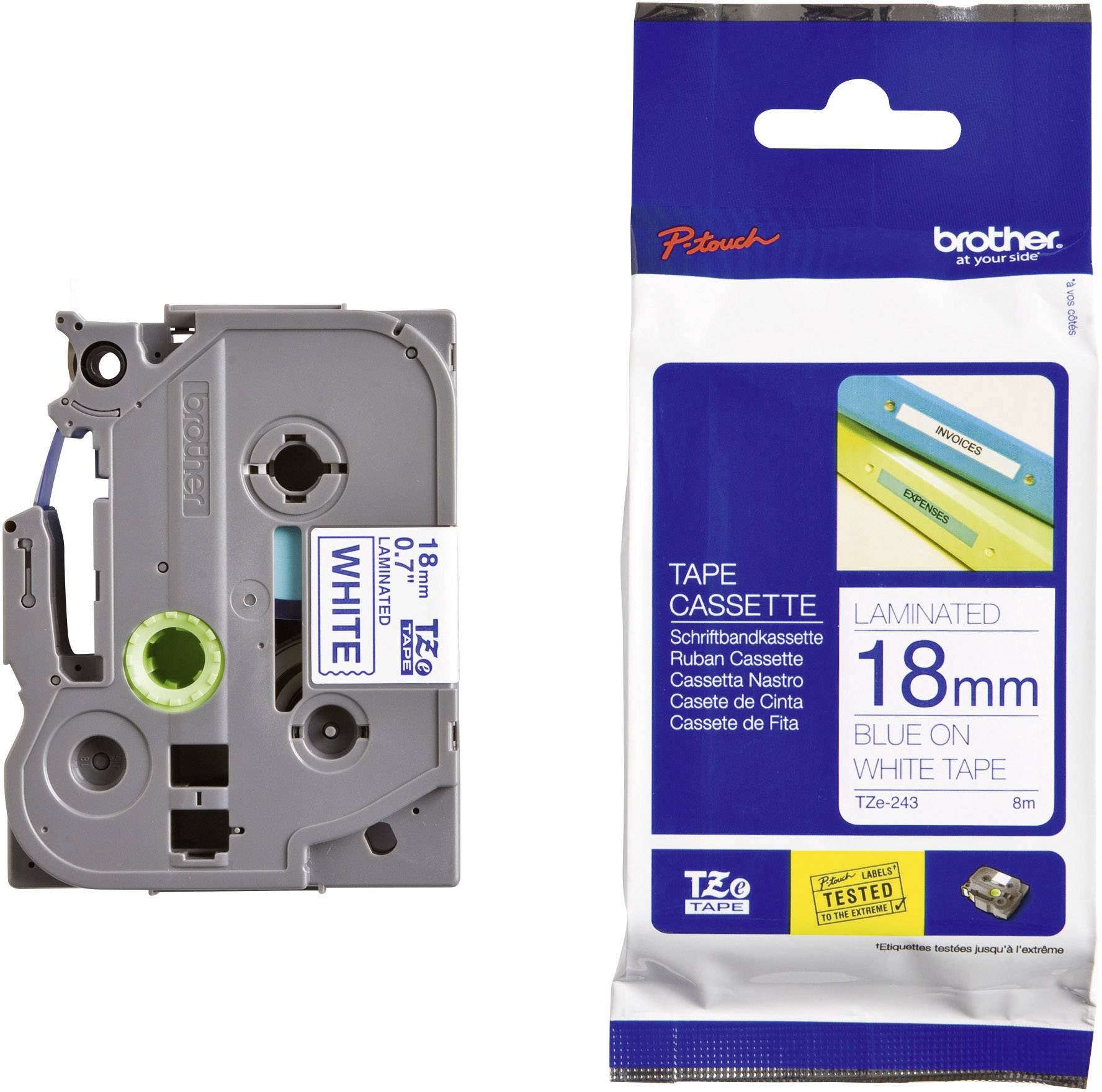 Schriftband Brother TZe TZe-243 Bandfarbe: Weiß Schriftfarbe:Blau 18 mm 8 m