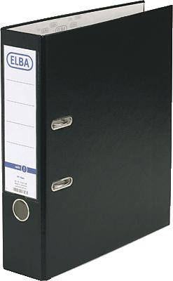 Schwarzer Aktenordner mit zwei Hebelmechanismen; Etikett mit der Aufschrift 'ELBA' an der Seite.