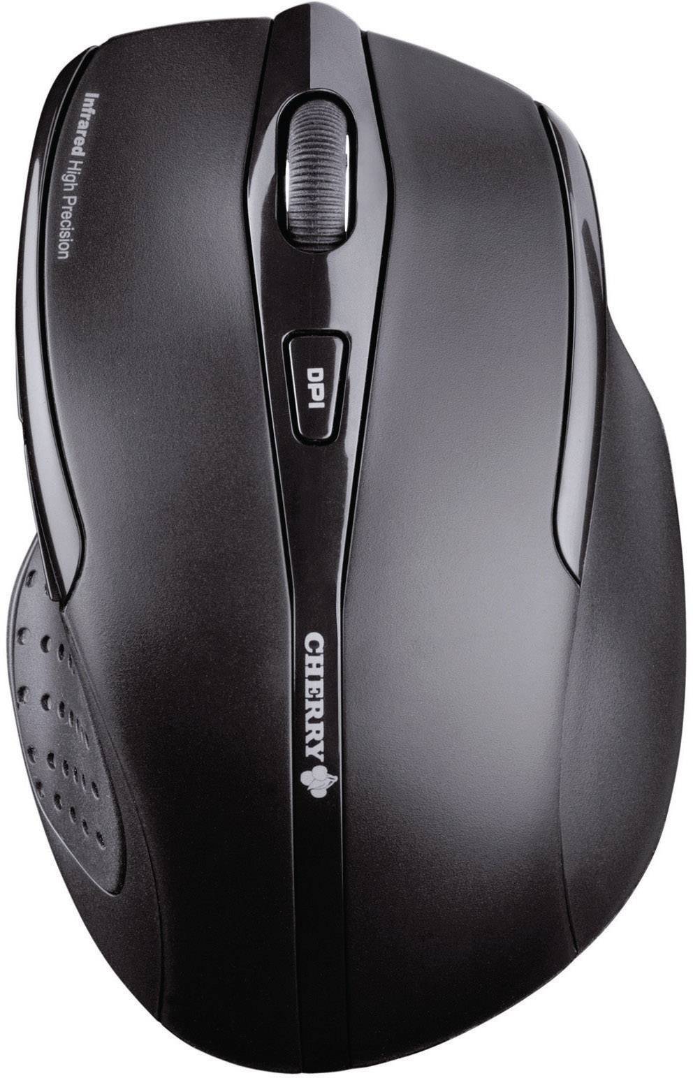 Drahtlose Computermaus in Schwarz mit Scrollrad, DPI-Taste und ergonomischem Design. Geeignet für präzises Arbeiten am PC.